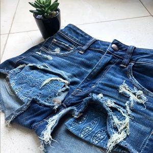 AE blue lace distressed fringed denim shorts